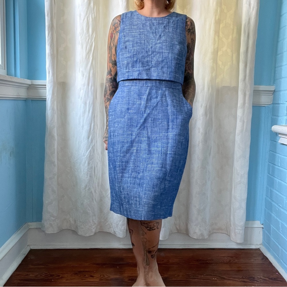 J.Crew Going Places Blue Linen Herringbone Sheath Dress Size 10